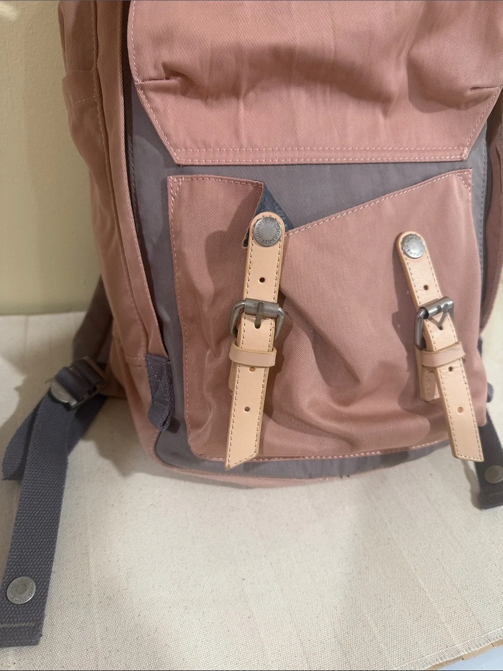 Two-Tone Pink and Gray Canvas Backpack with Leather Trim